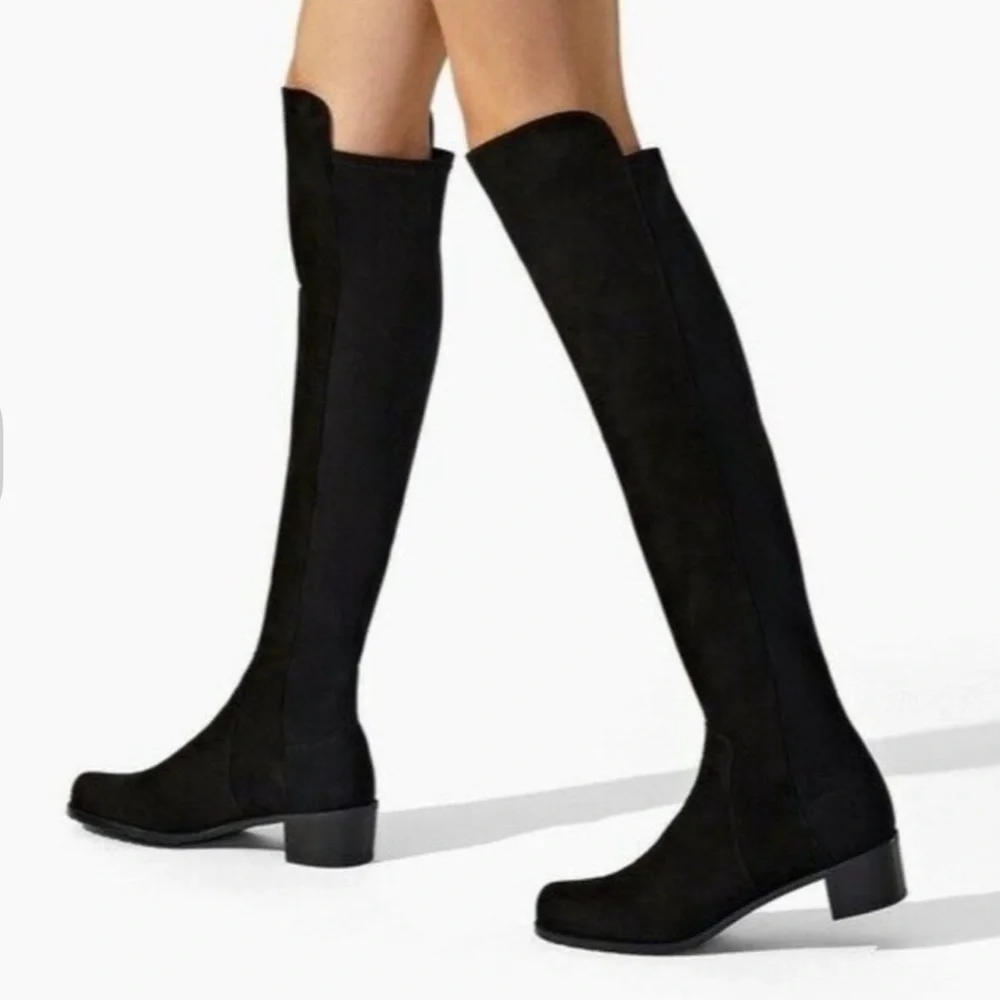 Stuart Weitzman Black Over the Knee Suede Low Heels Stretchy Boots - Size 7